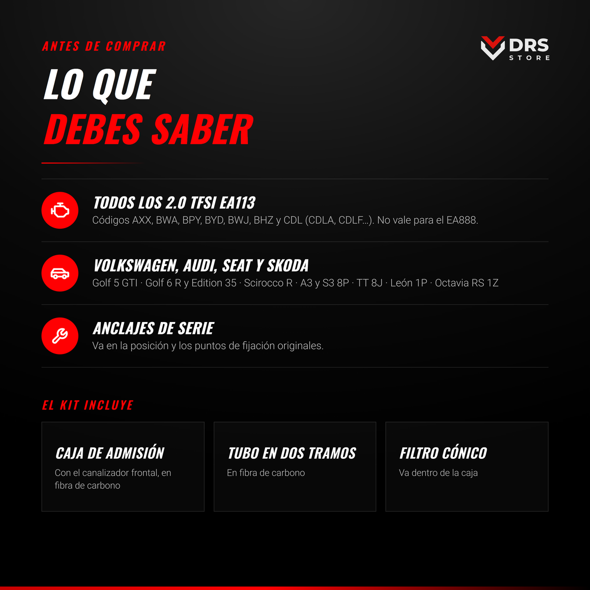 Admisión de carbono 2.0 TFSI EA113: coches compatibles y qué incluye