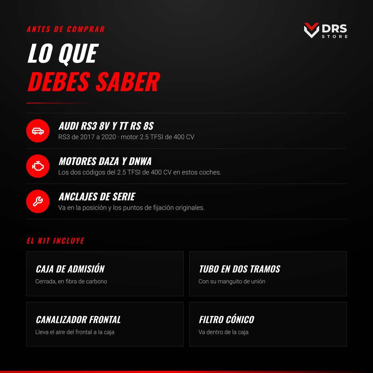Admisión de carbono Audi RS3 8V y TT RS 8S: coches compatibles y qué incluye
