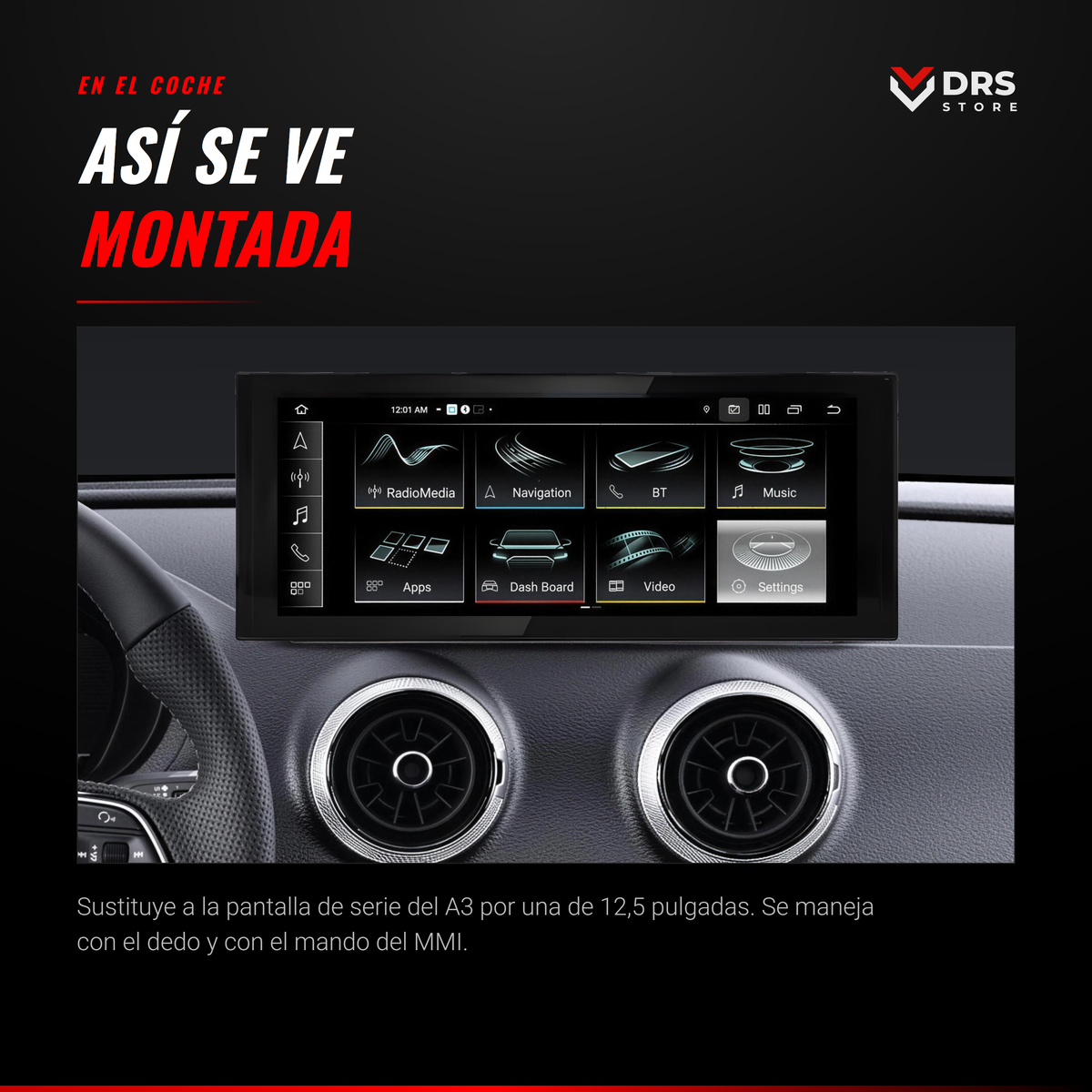 Pantalla Android Audi A3 8V 12,5", montada en el coche
