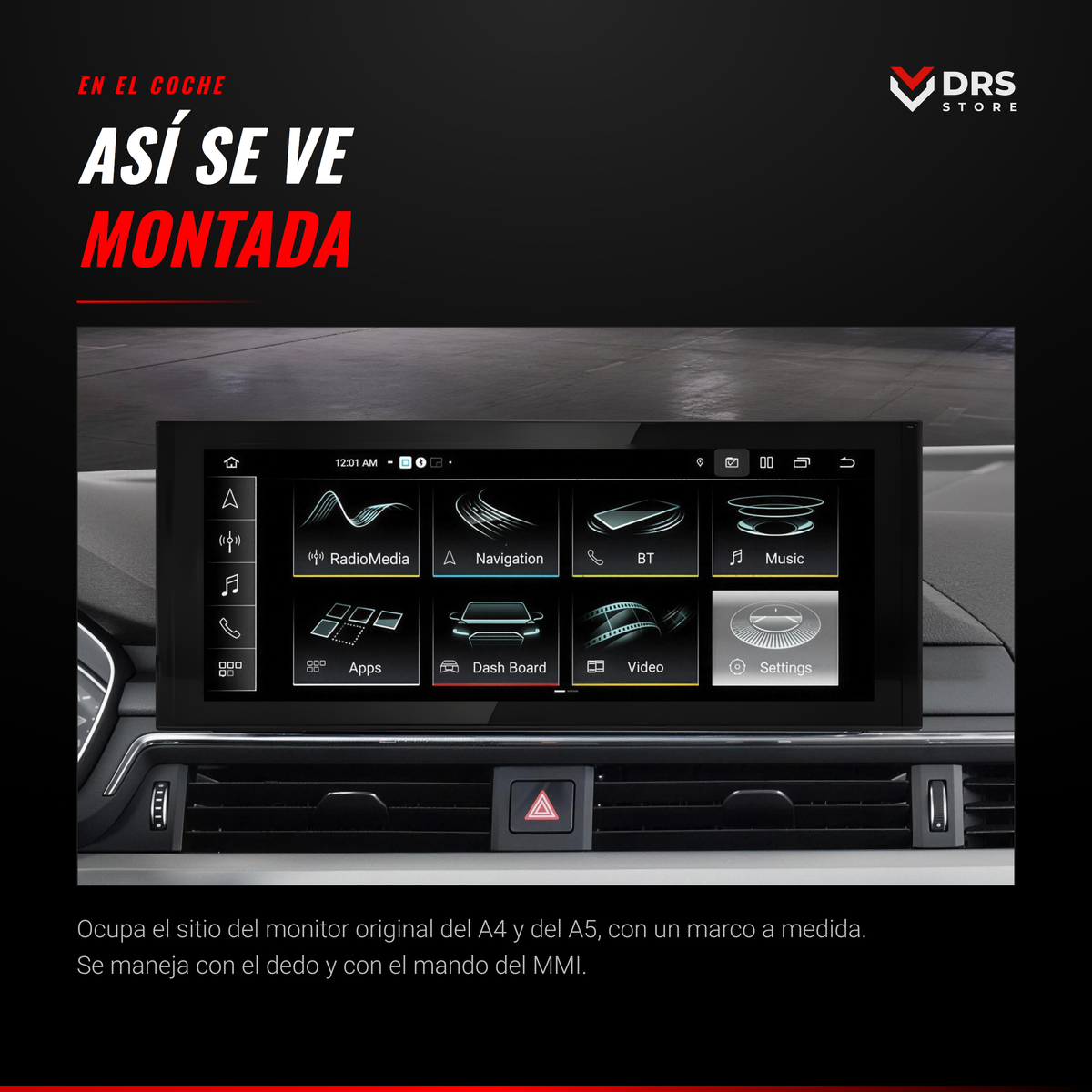 Pantalla Android Audi A4 B9 y A5 F5 12,5", montada en el coche