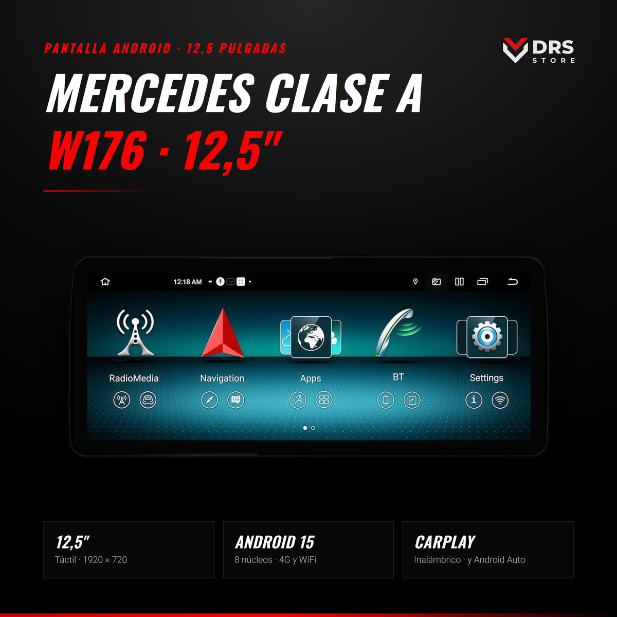 Pantalla Android Mercedes Clase A W176, CLA C117 y GLA X156 12,5"