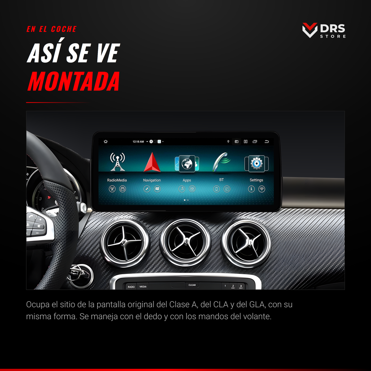 Pantalla Android Mercedes Clase A W176, CLA C117 y GLA X156 12,5", montada en el coche