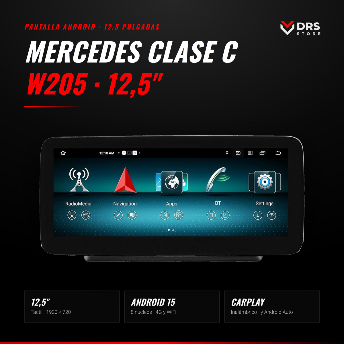 Pantalla Android Mercedes Clase C W205 y GLC X253 12,5"