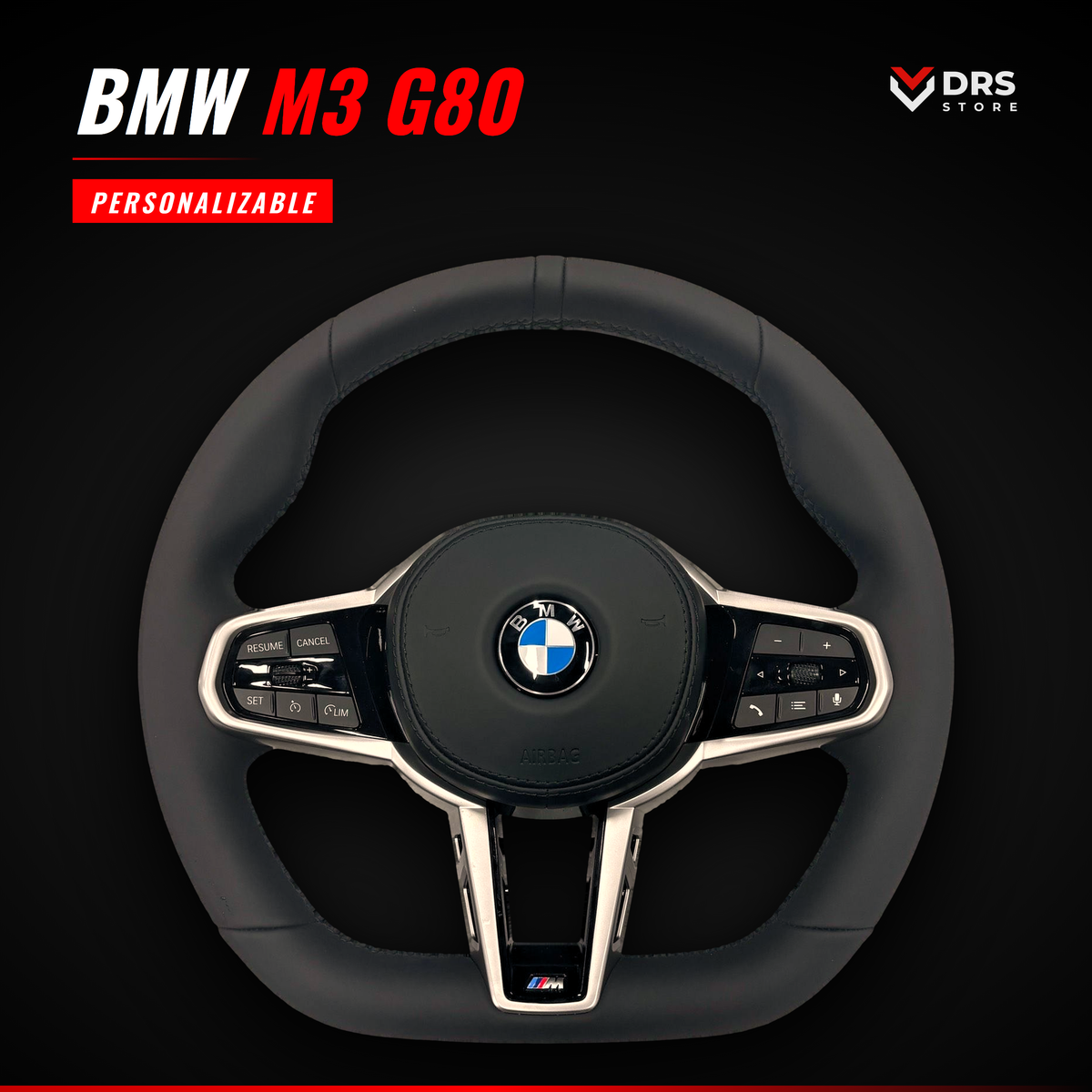 Volante BMW M3 G80 de serie en cuero negro con embellecedores en plata