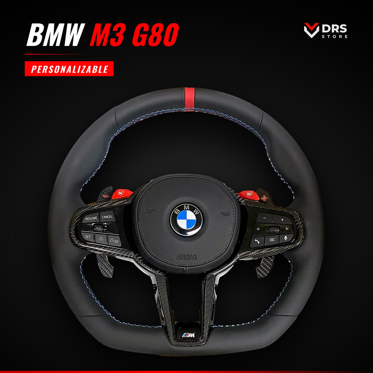 Volante BMW M3 G80 en cuero con anillo rojo, costura tricolor M, botones M1 y M2 y embellecedores de carbono