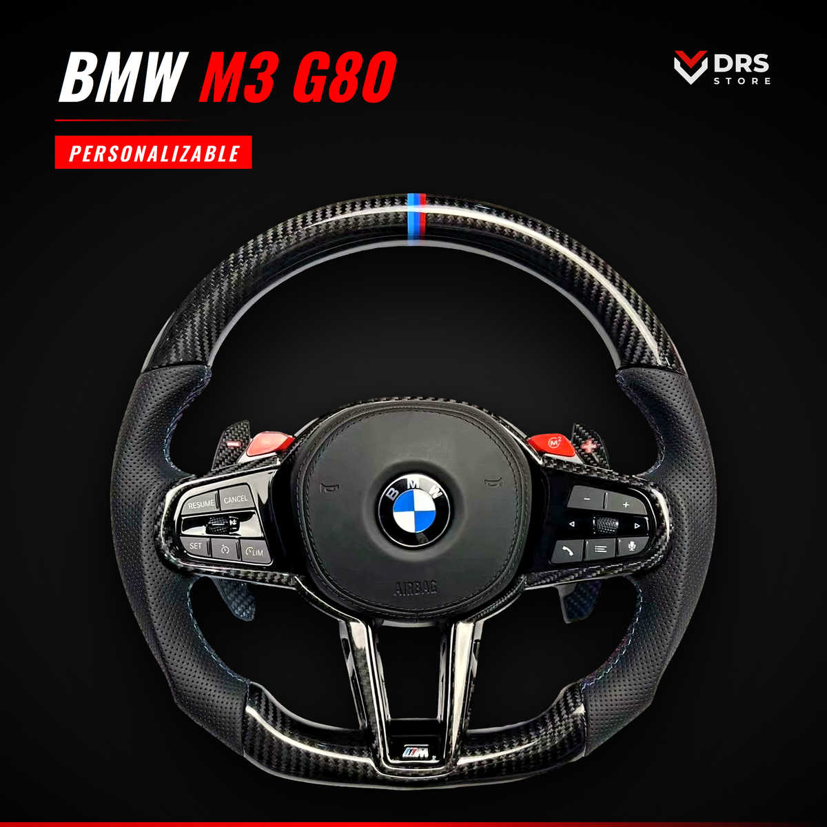 Volante BMW M3 G80 en fibra de carbono y cuero perforado con anillo tricolor M