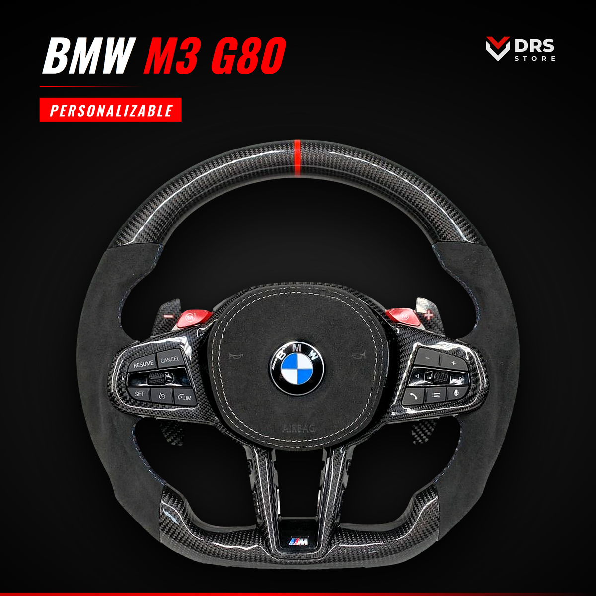 Volante BMW M3 G80 en fibra de carbono y Alcántara con anillo rojo y tapa del airbag en Alcántara