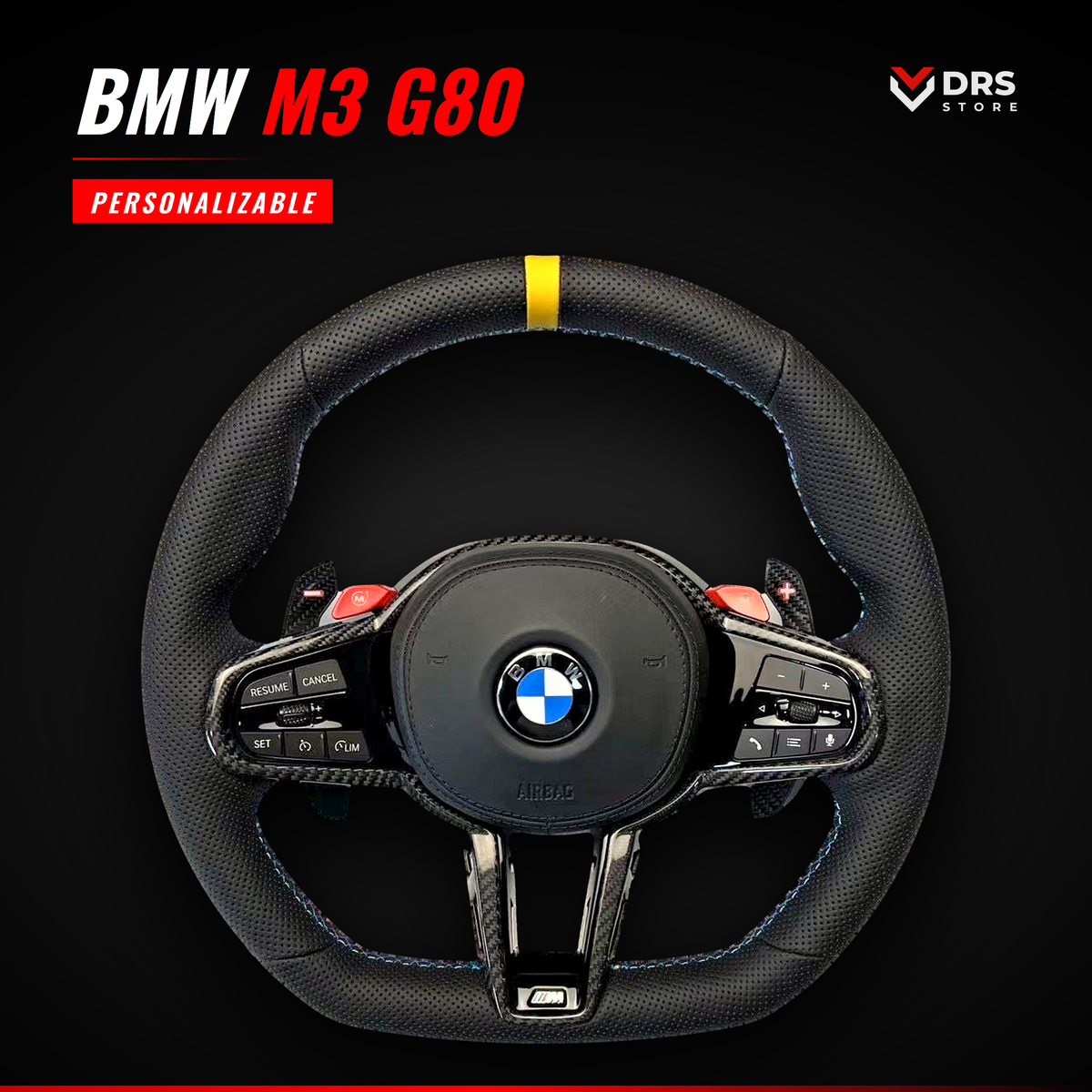 Volante BMW M3 G80 en cuero perforado con anillo amarillo y botones M1 y M2