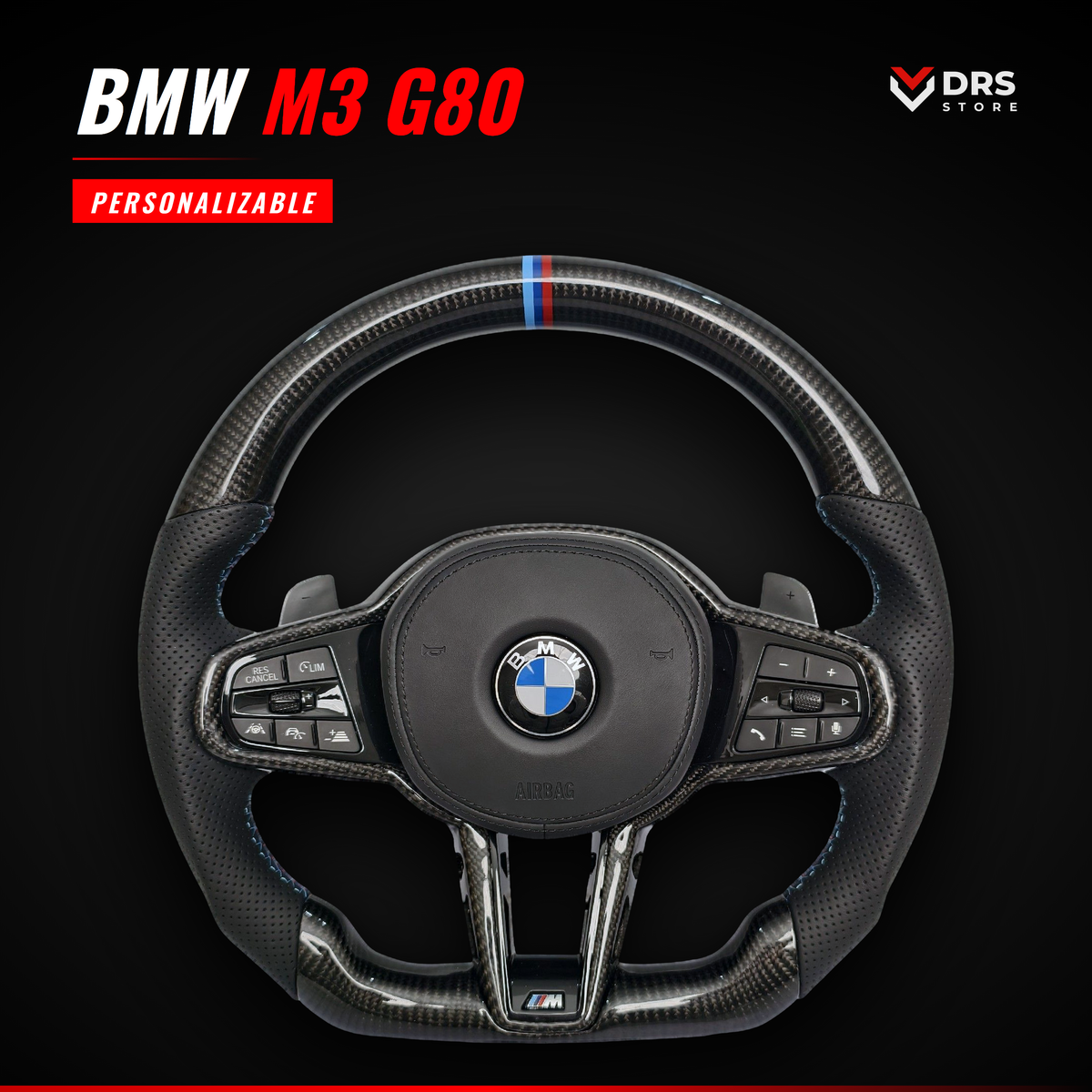 Volante BMW M3 G80 en fibra de carbono y cuero perforado con levas de aluminio