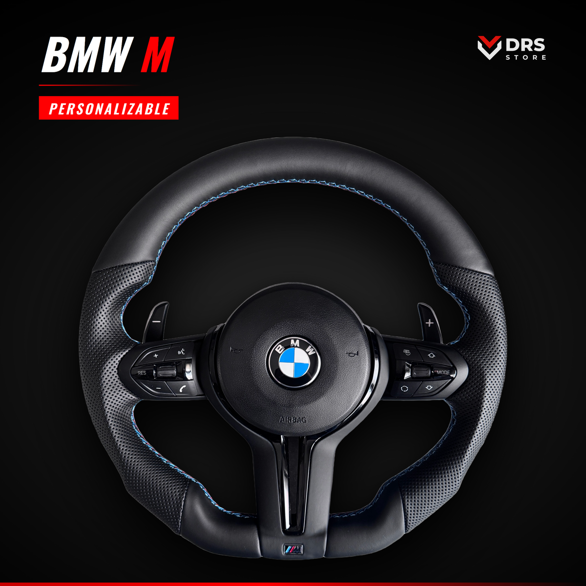 Volante BMW M de serie en cuero liso con los laterales perforados y costura tricolor M