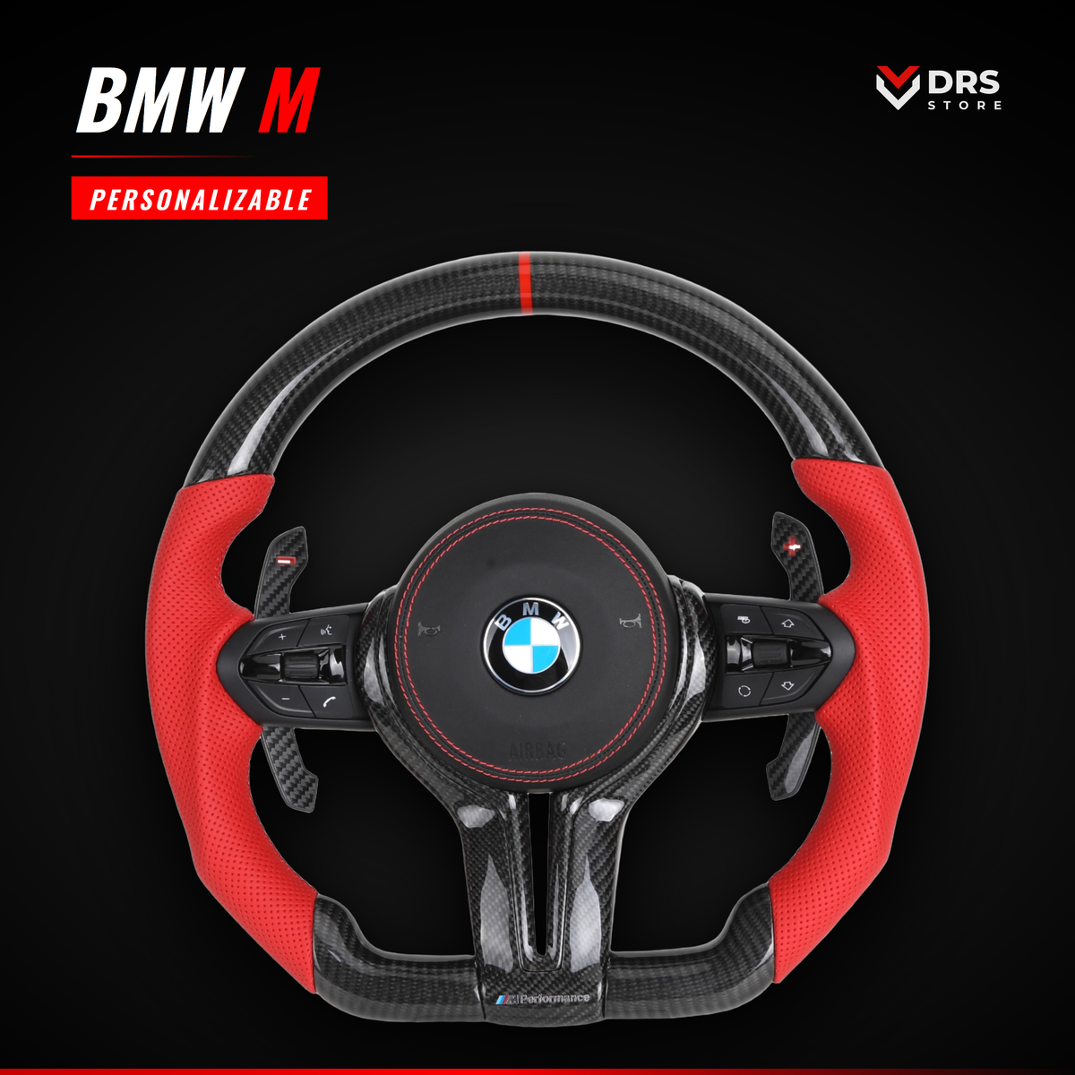 Volante BMW M en fibra de carbono y cuero perforado rojo con anillo rojo