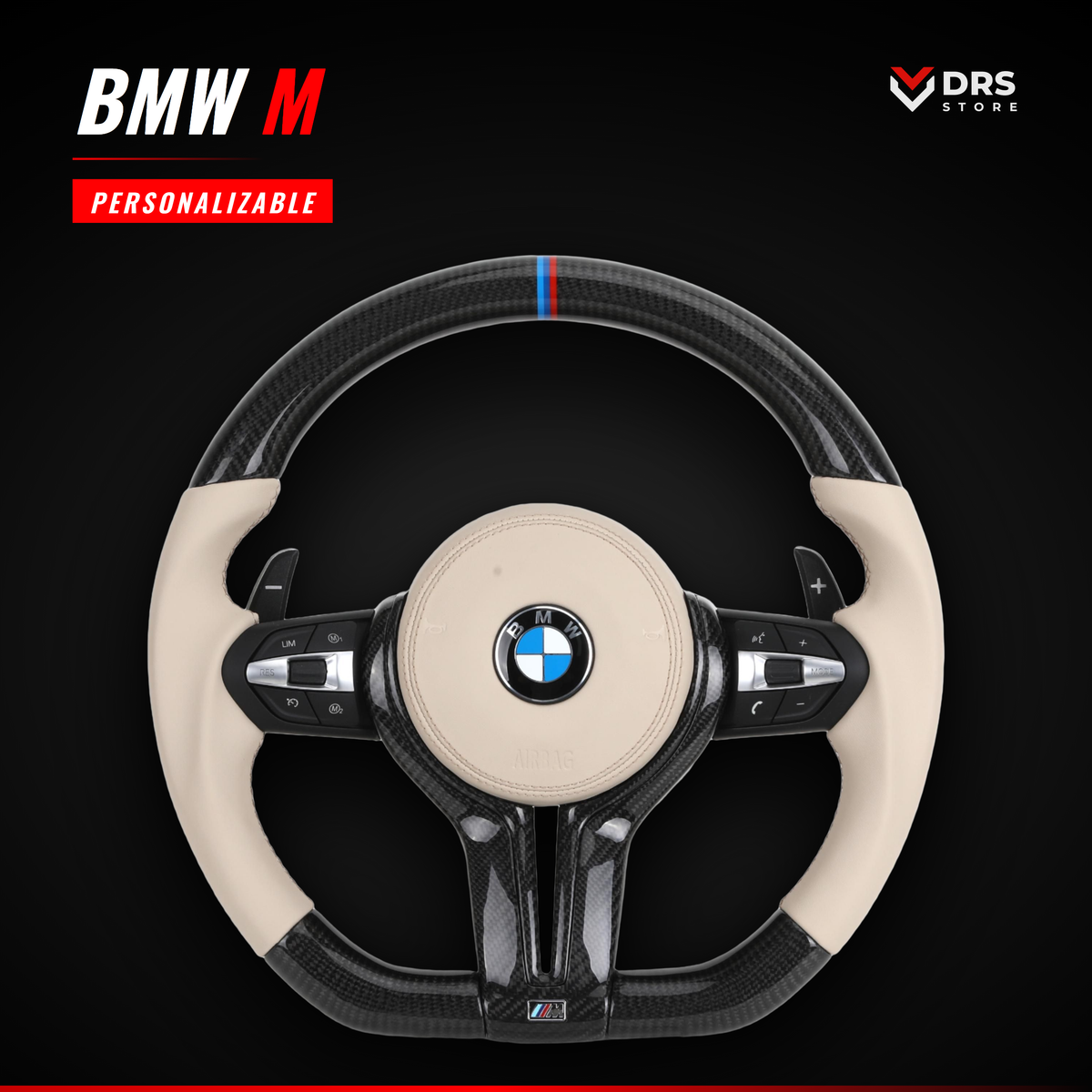 Volante BMW M en fibra de carbono y cuero beige con anillo tricolor M