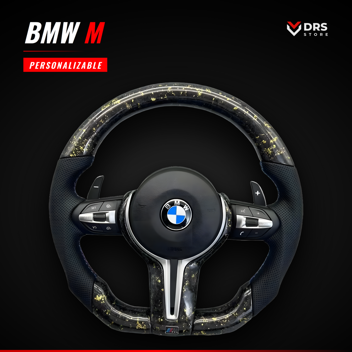 Volante BMW M en carbono forjado con escamas de oro y cuero perforado