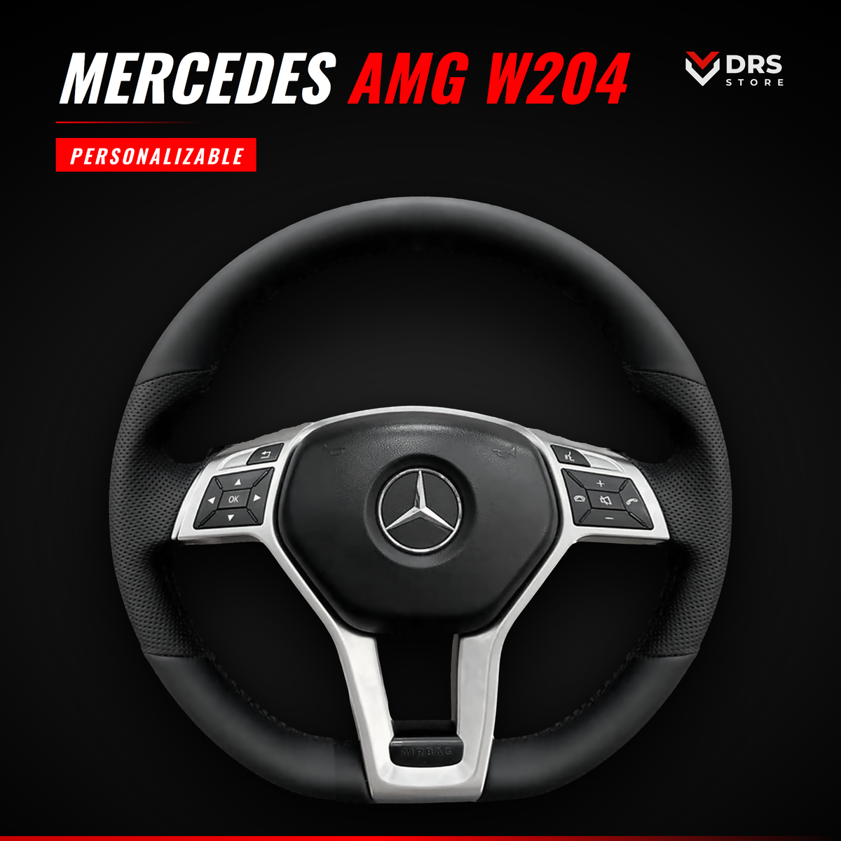 Volante Mercedes AMG W204 de serie: cuero liso con laterales perforados y radios en plata