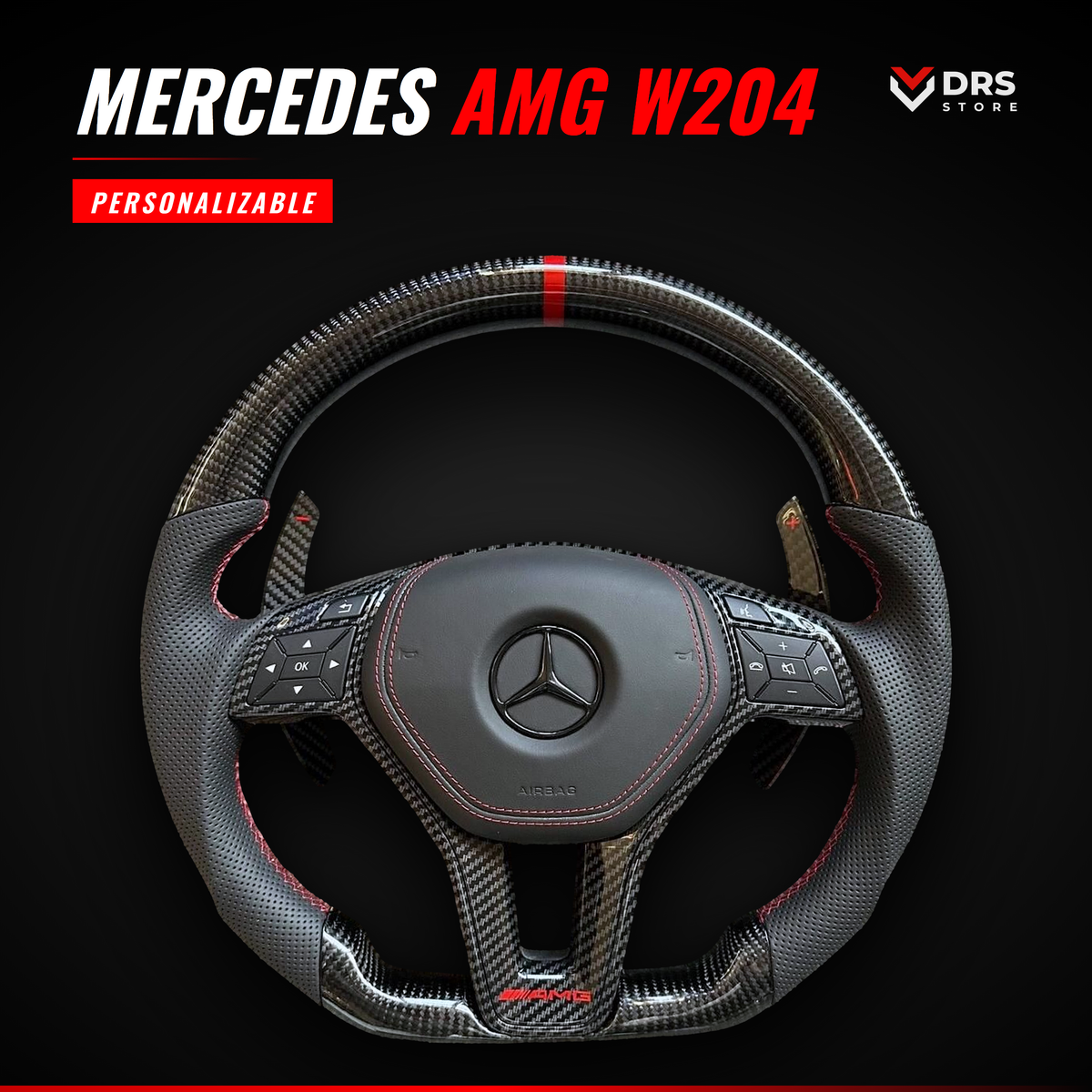 Volante Mercedes AMG W204 en fibra de carbono y cuero perforado con anillo y costura rojos
