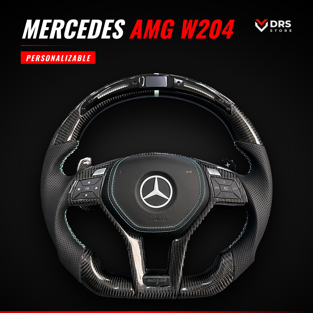 Volante Mercedes AMG W204 en fibra de carbono y cuero perforado con display LED y costura verde menta
