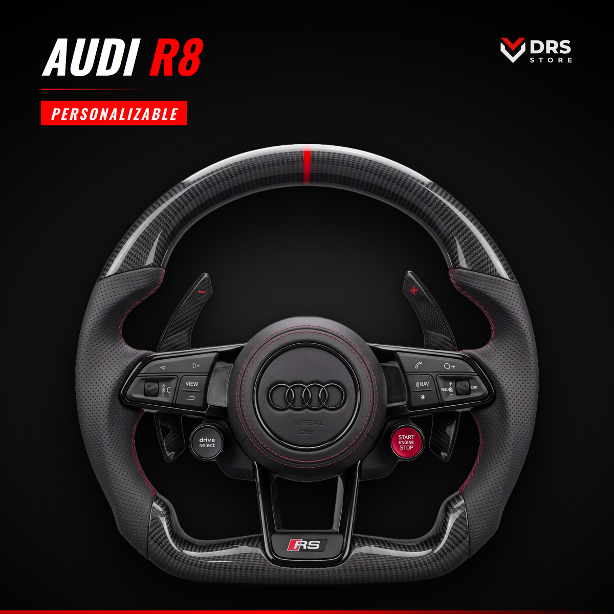 Volante Audi R8 en fibra de carbono y cuero perforado con anillo rojo