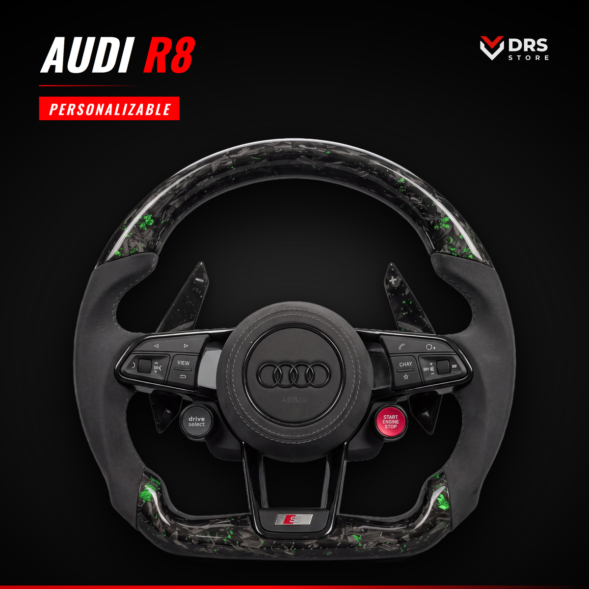 Volante Audi R8 en carbono forjado verde y Alcántara
