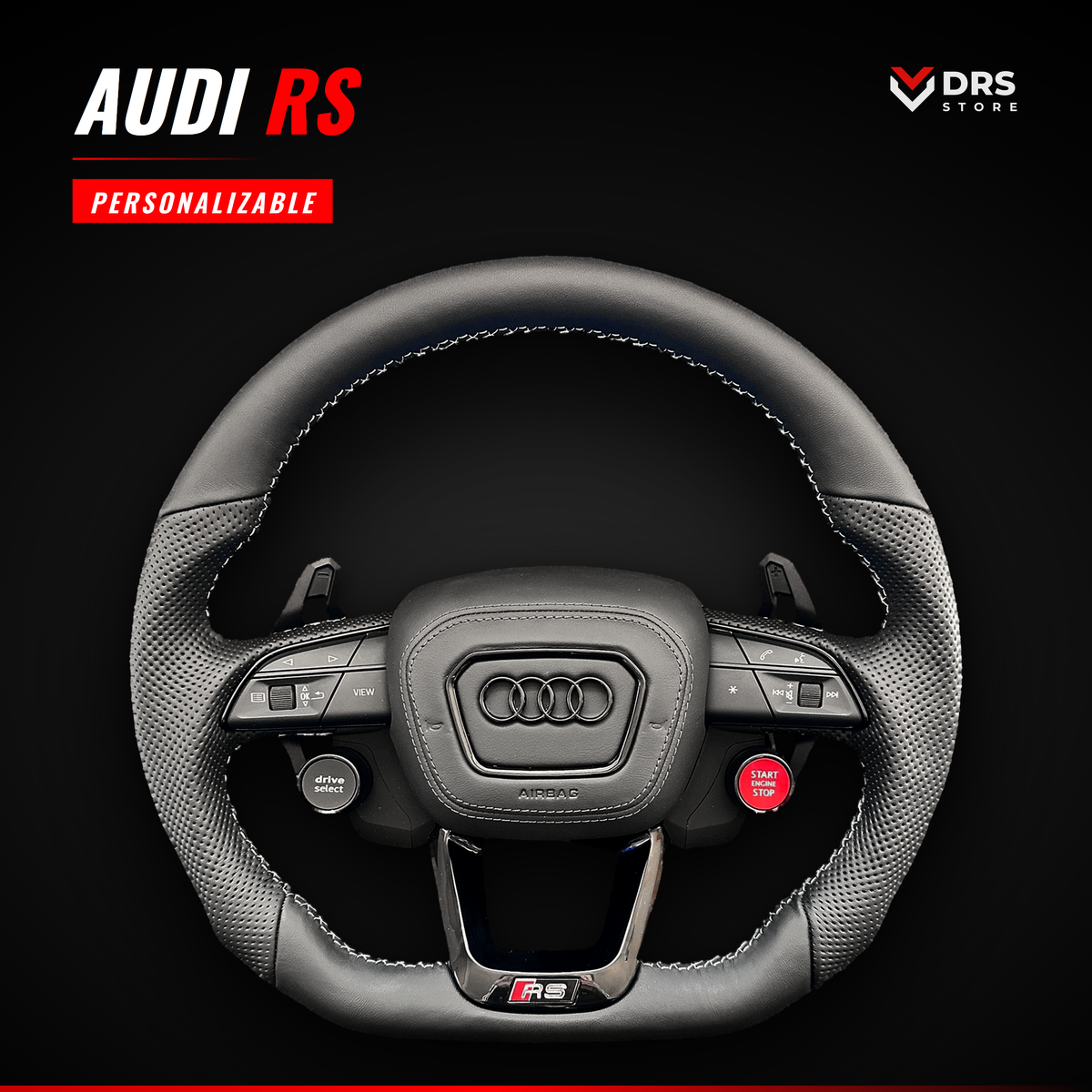 Volante Audi RS de airbag rectangular en cuero negro con botones Start/Stop y Drive Select