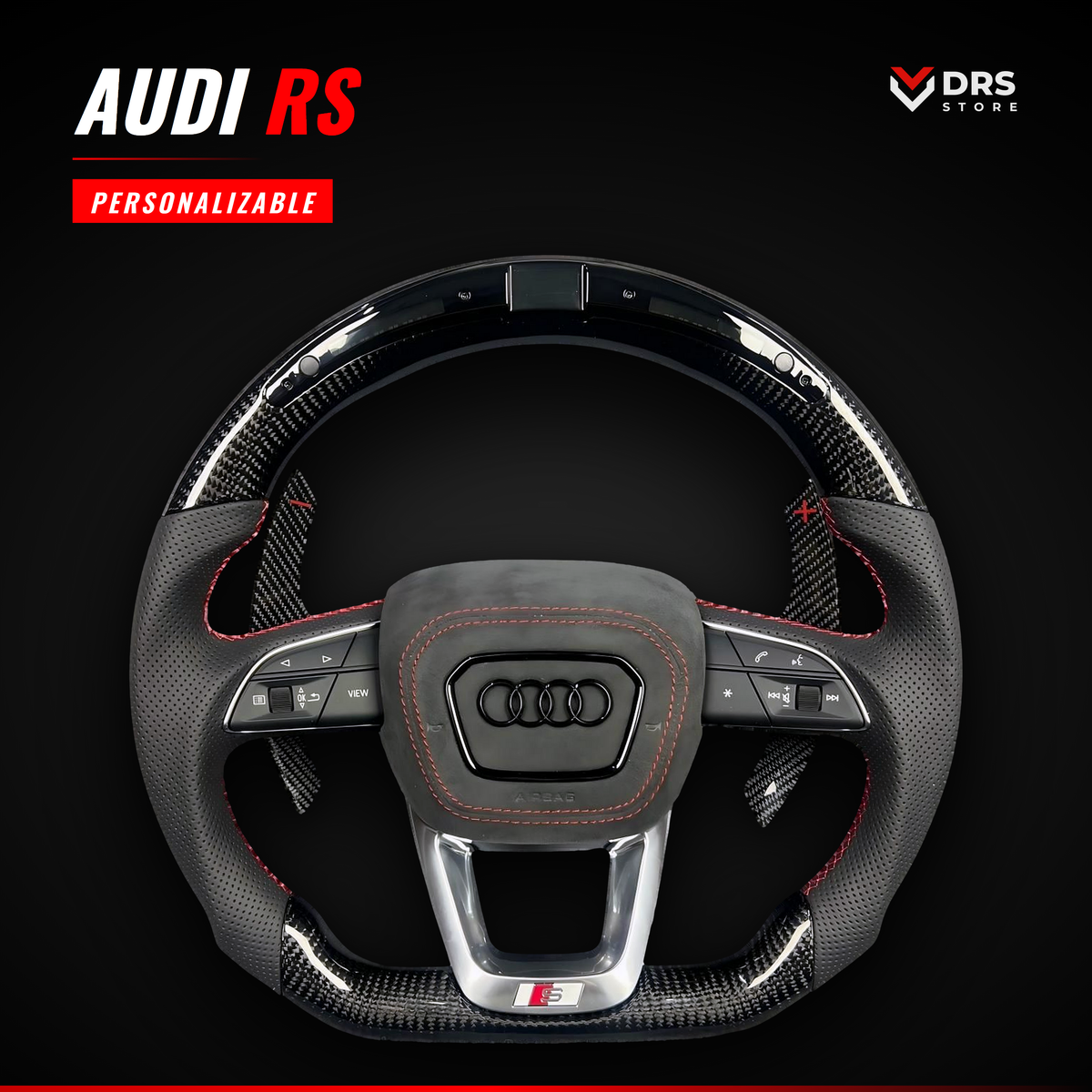 Volante Audi RS de airbag rectangular en fibra de carbono con display LED y tapa del airbag en Alcántara