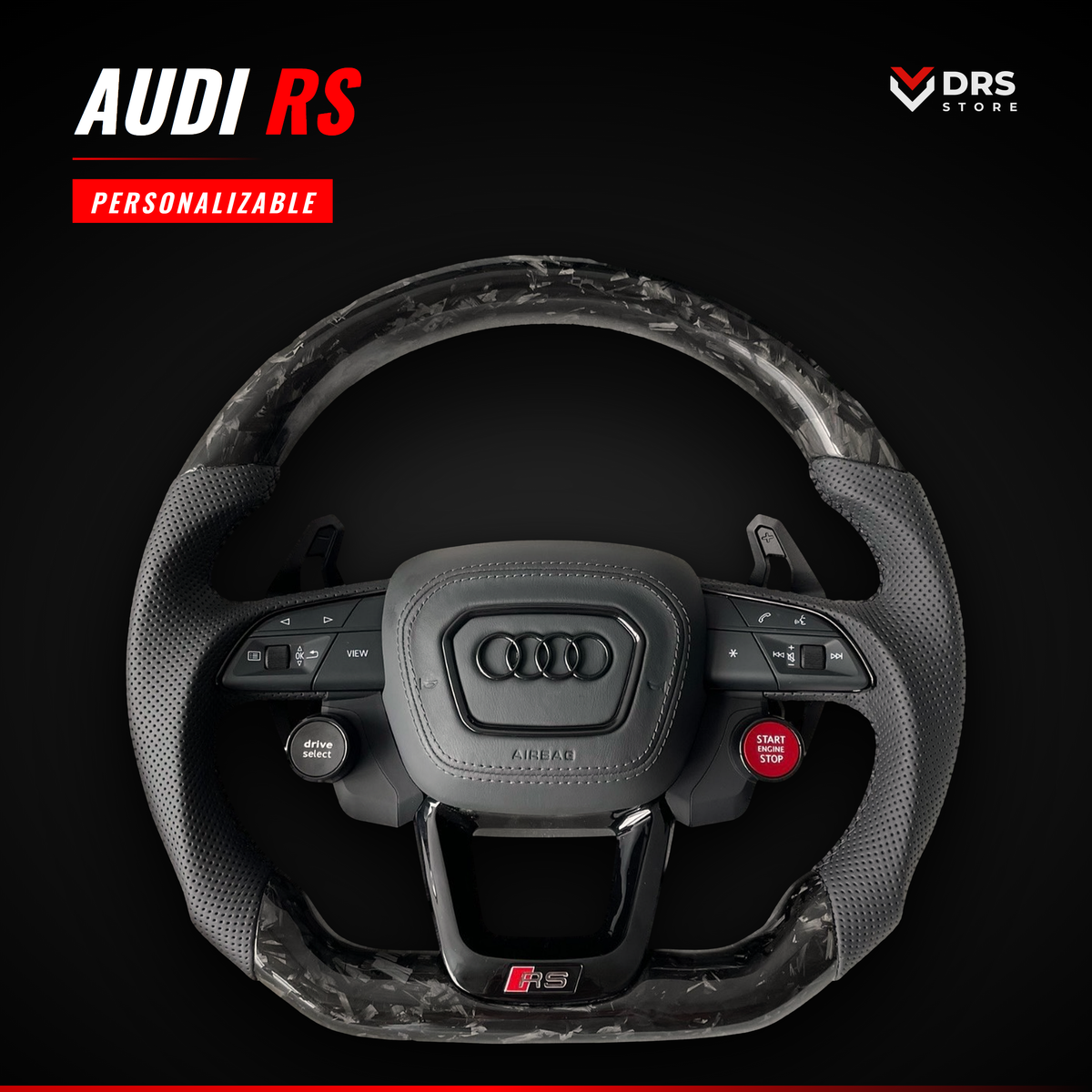 Volante Audi RS de airbag rectangular en carbono forjado con botones Start/Stop y Drive Select