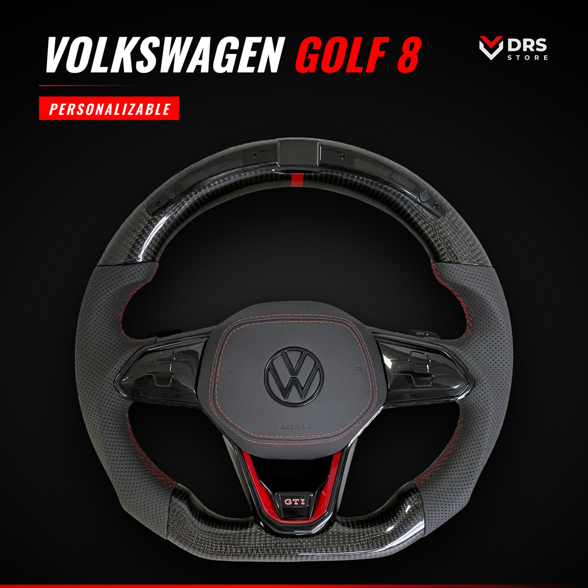Volante Volkswagen Golf 8 GTI en carbono con display LED y costura roja