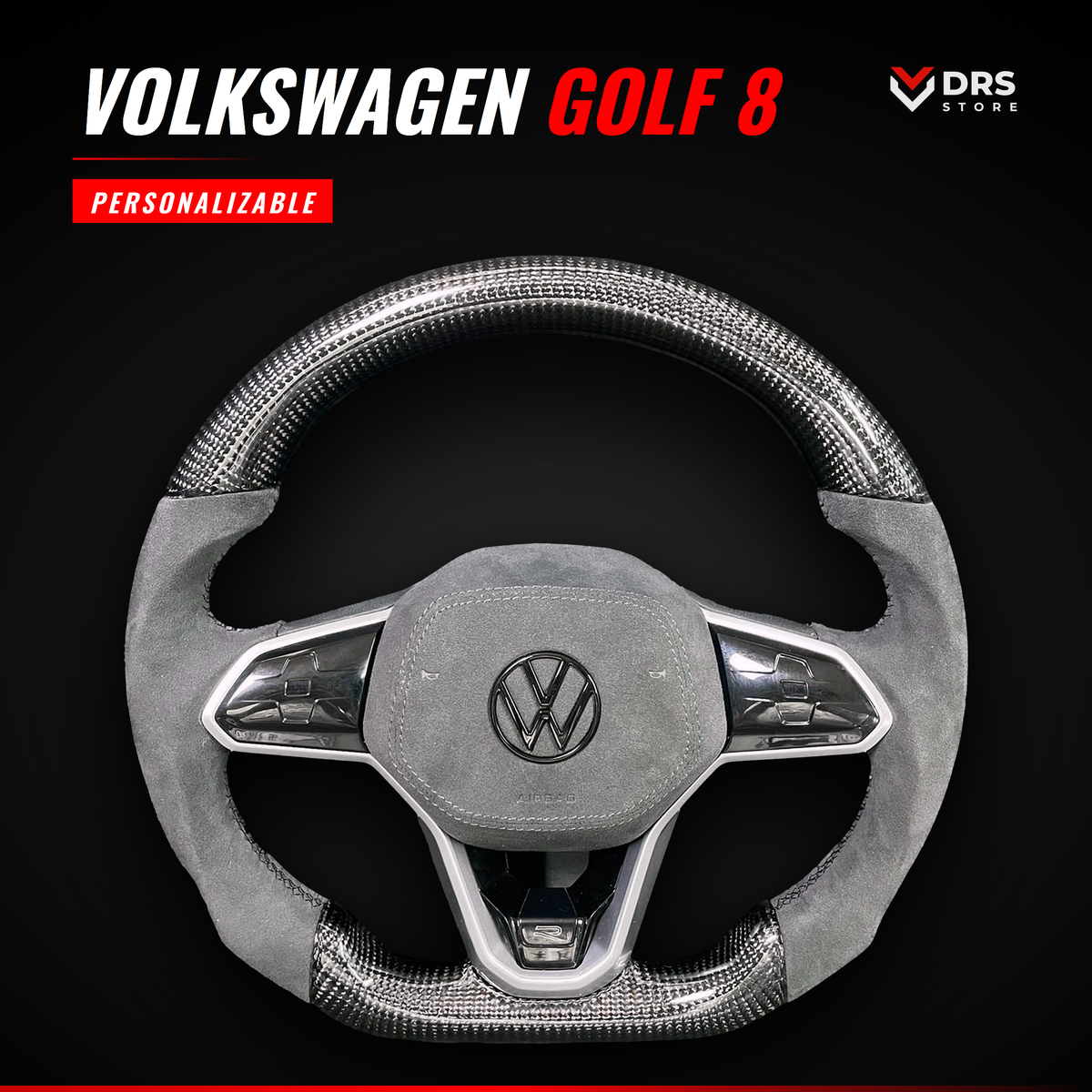 Volante Volkswagen Golf 8 en Alcántara gris y fibra de carbono