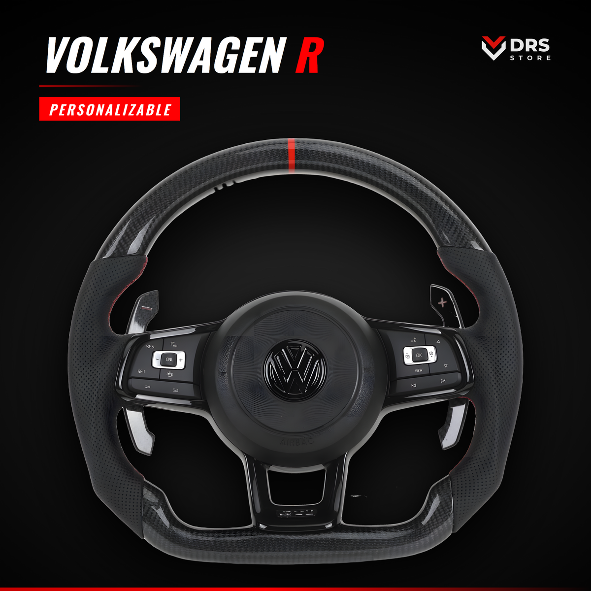 Volante Volkswagen R en fibra de carbono y cuero perforado con anillo rojo y levas de aluminio