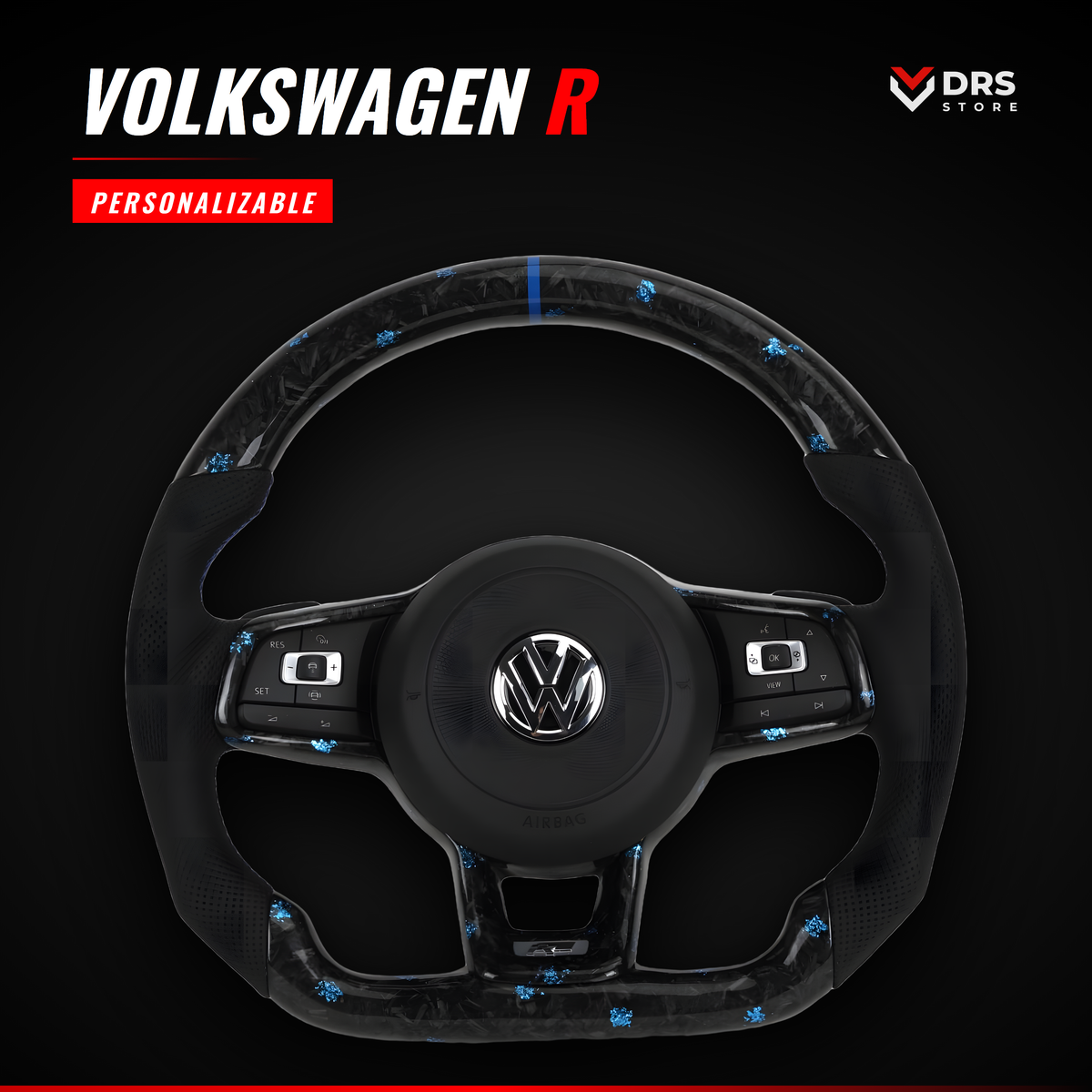 Volante Volkswagen R en carbono forjado con escamas azules y Alcántara