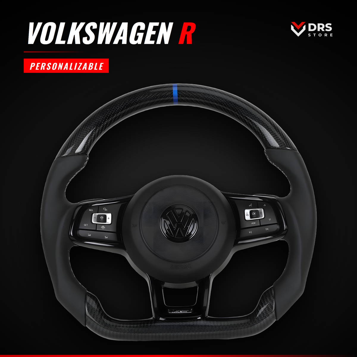 Volante Volkswagen R en fibra de carbono con embellecedores negro brillo y anillo azul