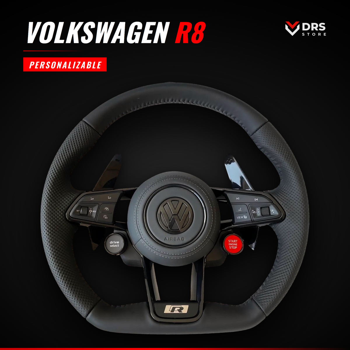 Volante Volkswagen R8 en cuero negro con embellecedores negro brillo