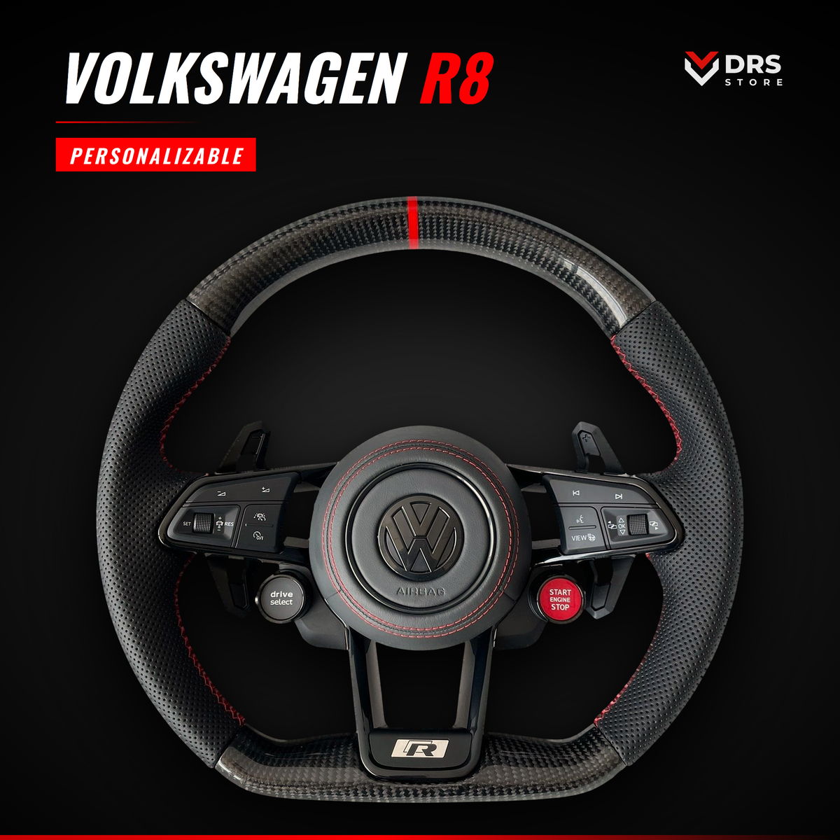 Volante Volkswagen R8 en fibra de carbono y cuero perforado con anillo y costura rojos