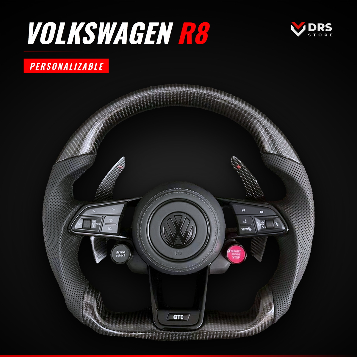 Volante Volkswagen R8 en carbono mate y cuero perforado con insignia GTI